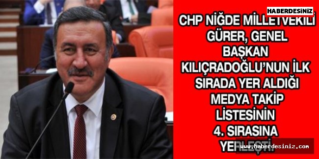 CHP Niğde Milletvekili Gürer, Genel Başkan Kılıçradoğlu’nun ilk sırada yer aldığı medya takip listesinin 4. Sırasına yerleşti.