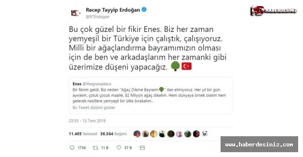 11 Kasım'ı "Milli Ağaçlandırma Günü" ilan etti.